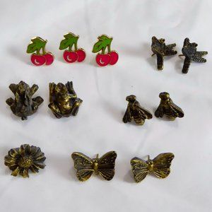 SET BRONZE NATURE PUSH PIN TACKS DRAGONFLY SUNFLOWER BEE BUTTERFLY BONUS CHERRY
